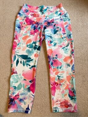 NWOT! RBX Watercolor Floral Soft Capri Legging w pockets - sz Large